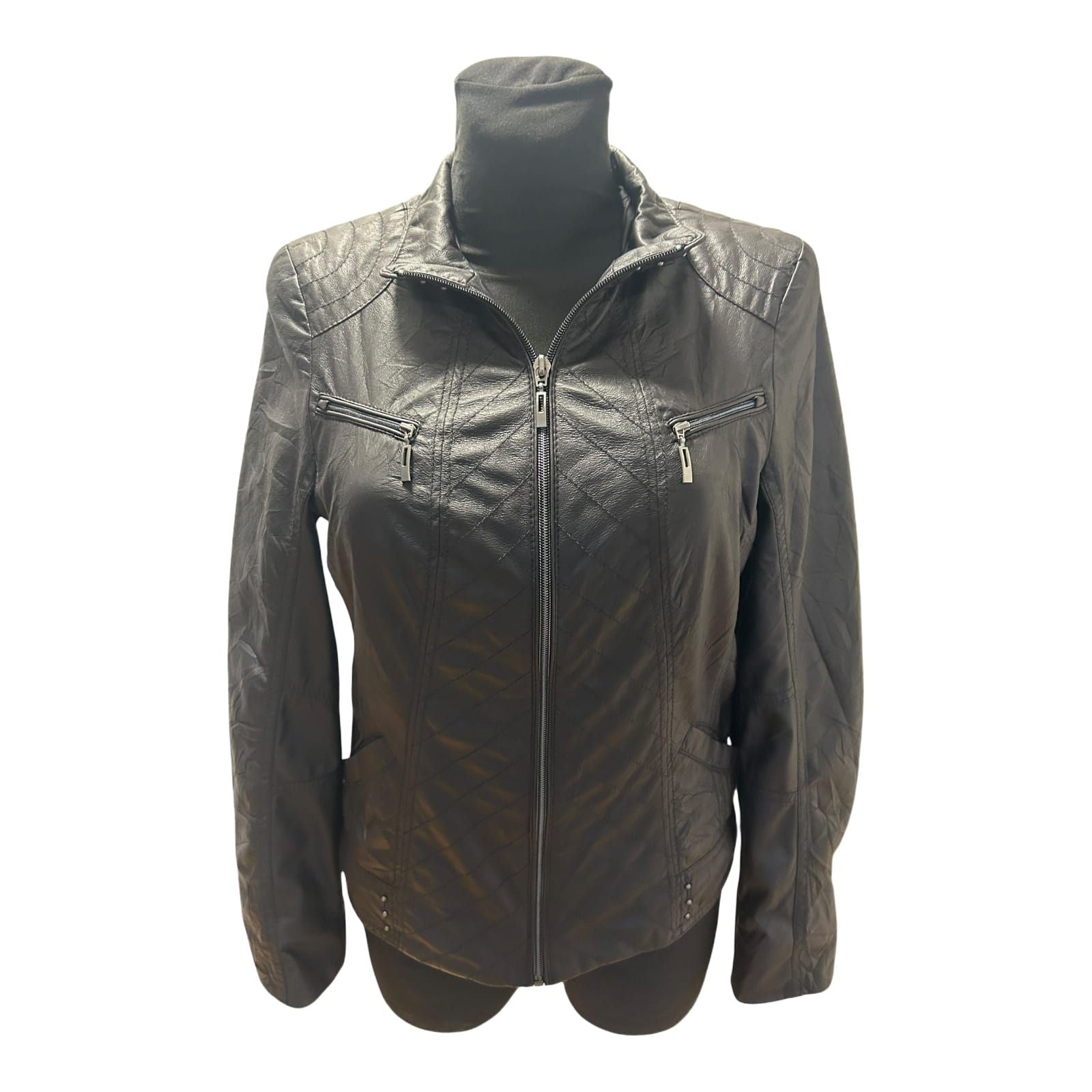 Bonita Jacke Damen Gr 36 Schwarz Kunstleder Biker Look Steppung Reißverschluss