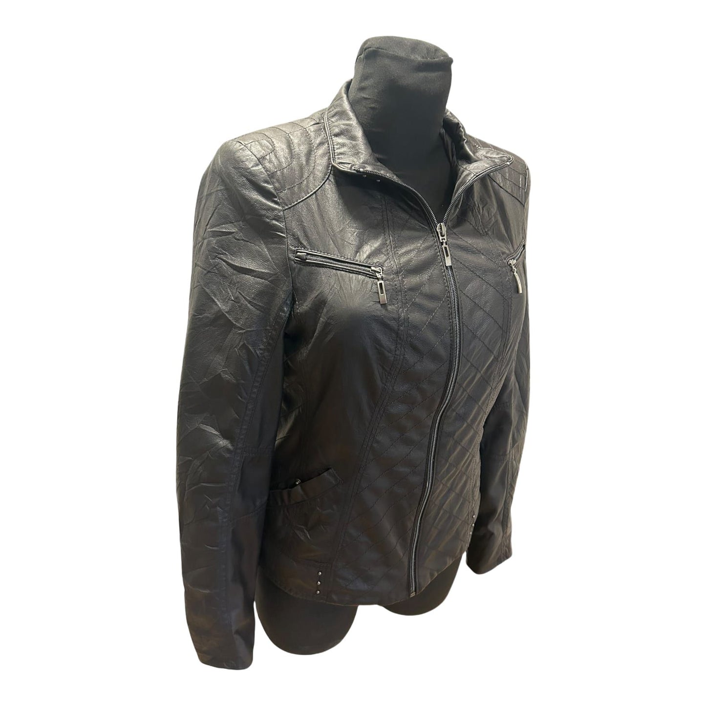 Bonita Jacke Damen Gr 36 Schwarz Kunstleder Biker Look Steppung Reißverschluss
