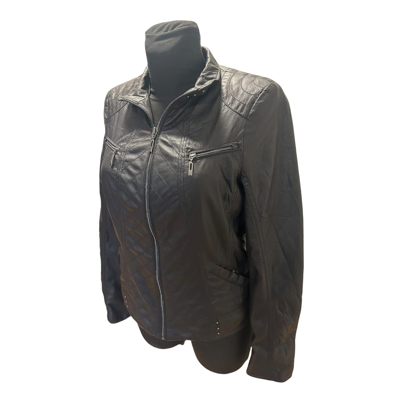 Bonita Jacke Damen Gr 36 Schwarz Kunstleder Biker Look Steppung Reißverschluss