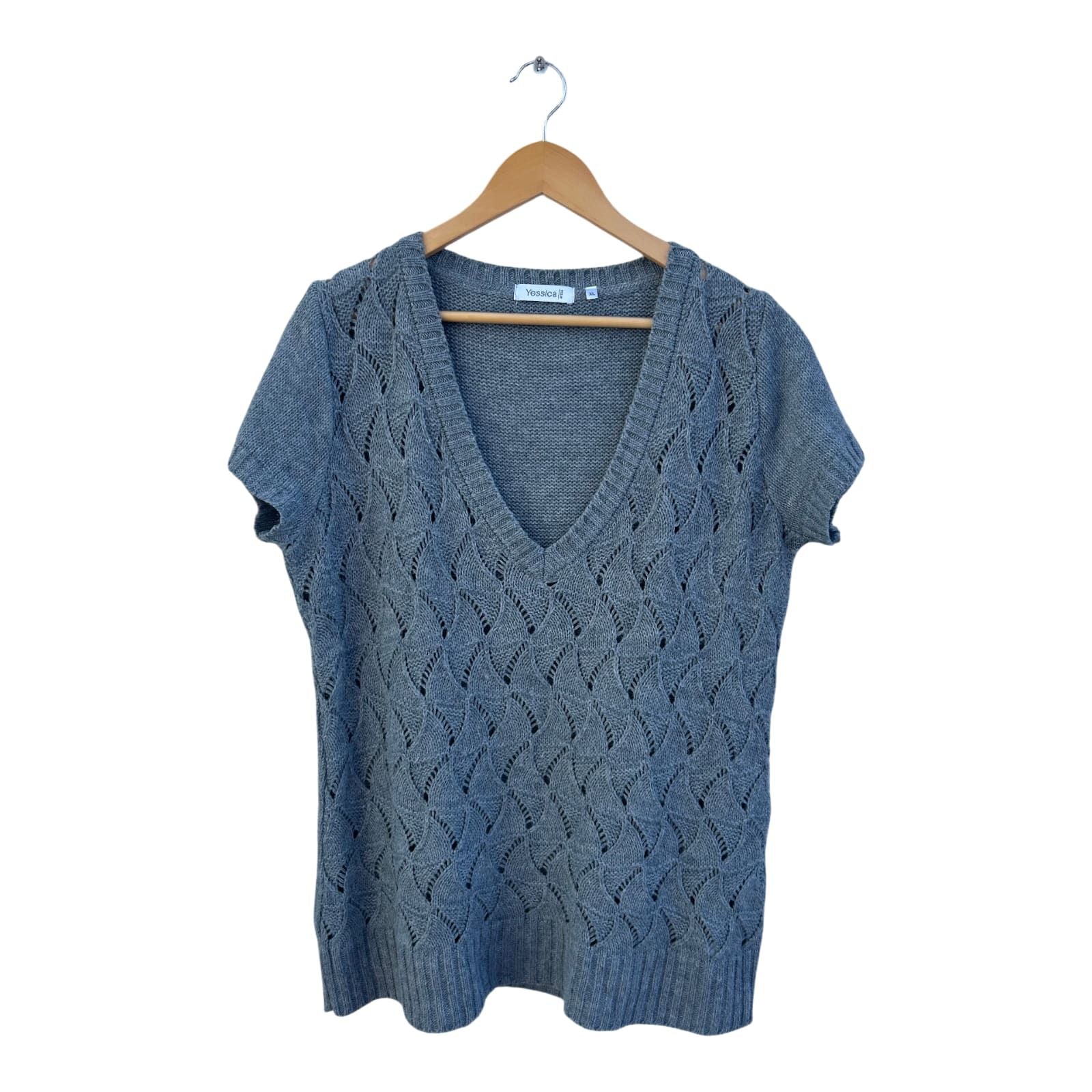 Yessica Strickshirt Damen Gr XL Grau Lochmuster Kurzarm V Ausschnitt Sommer Elegant