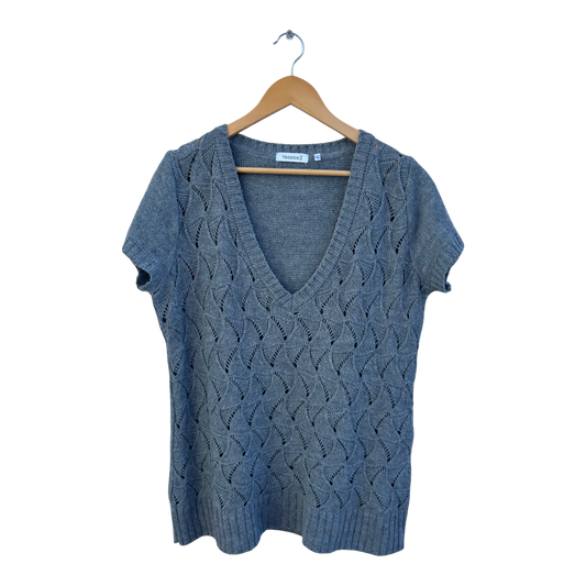 Yessica Strickshirt Damen Gr XL Grau Lochmuster Kurzarm V Ausschnitt Sommer Elegant