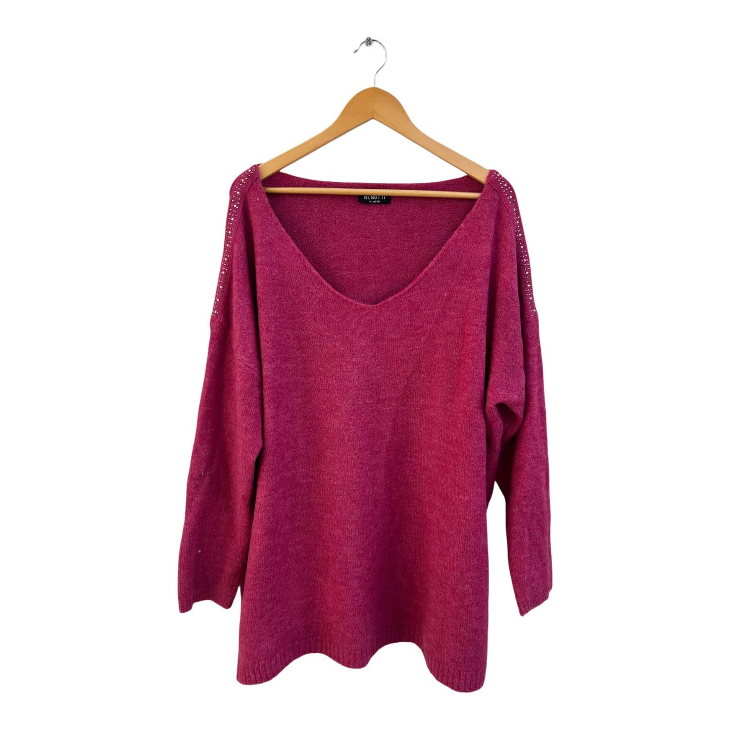 Gina Benotti Pullover Damen Gr XL Pink Strass V-Ausschnitt Feinstrick Elegant