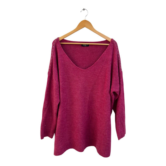 Gina Benotti Pullover Damen Gr XL Pink Strass V-Ausschnitt Feinstrick Elegant