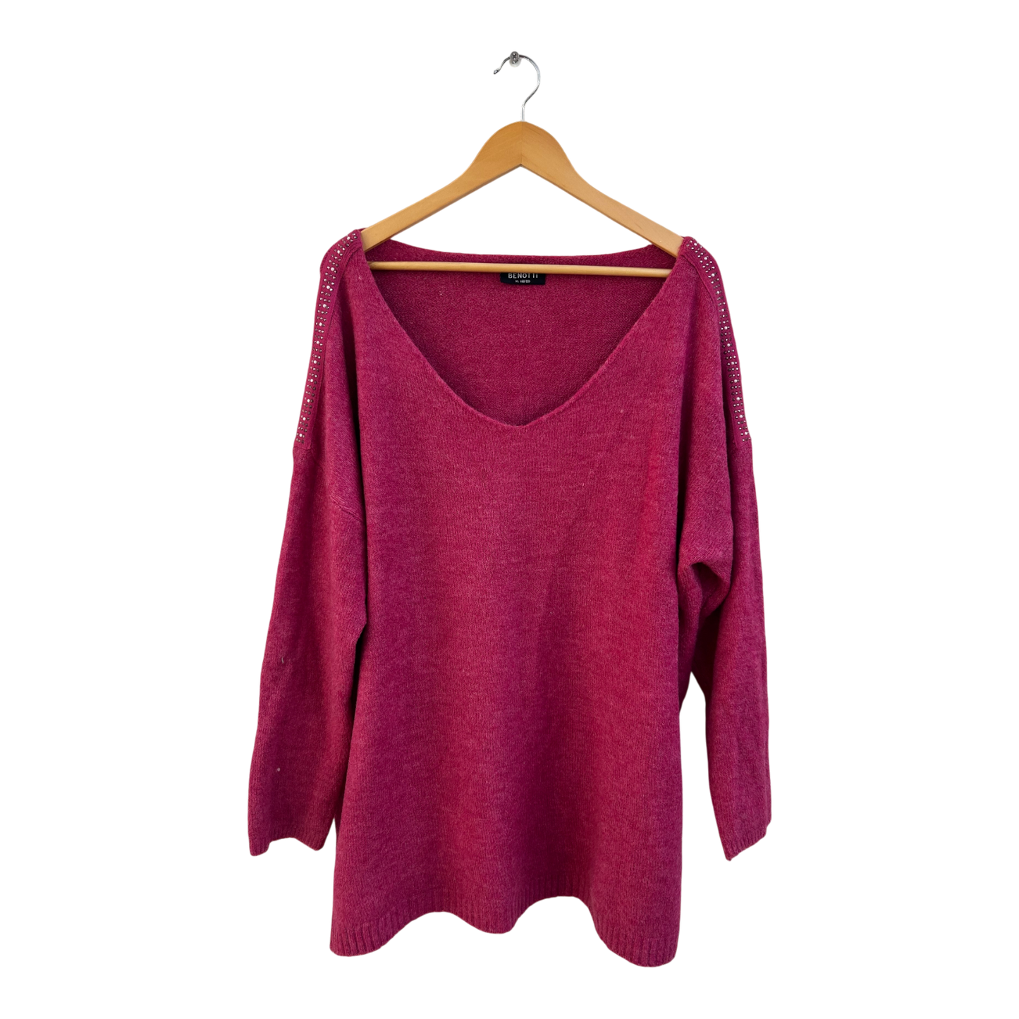 Gina Benotti Pullover Damen Gr XL Pink Strass V-Ausschnitt Feinstrick Elegant