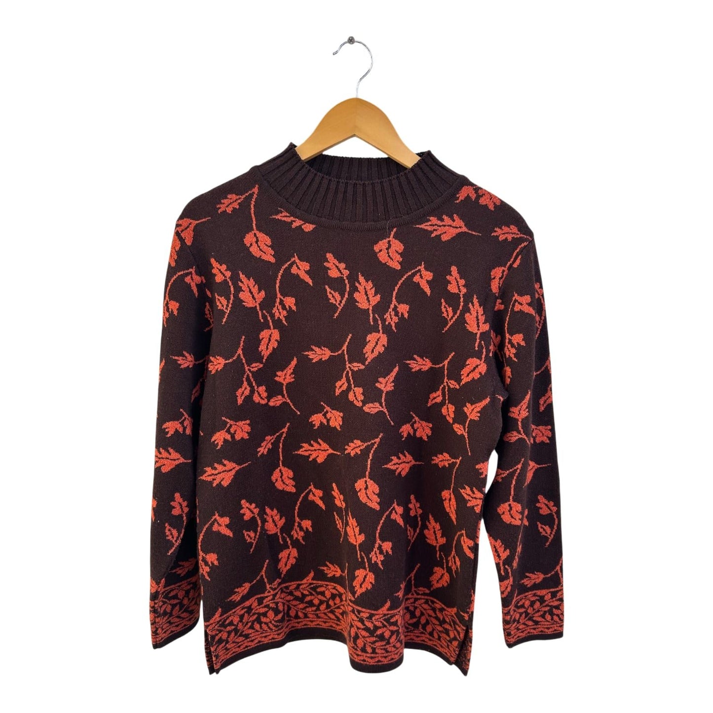 Margarethe Classics Pullover Damen Gr 38 Braun Orange Wollmix Blättermuster Elegant