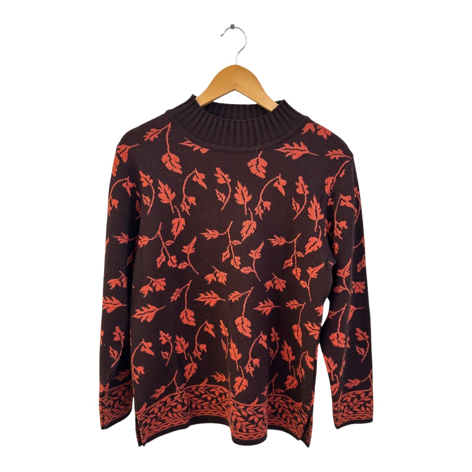 Margarethe Classics Pullover Damen Gr 38 Braun Orange Wollmix Blättermuster Elegant