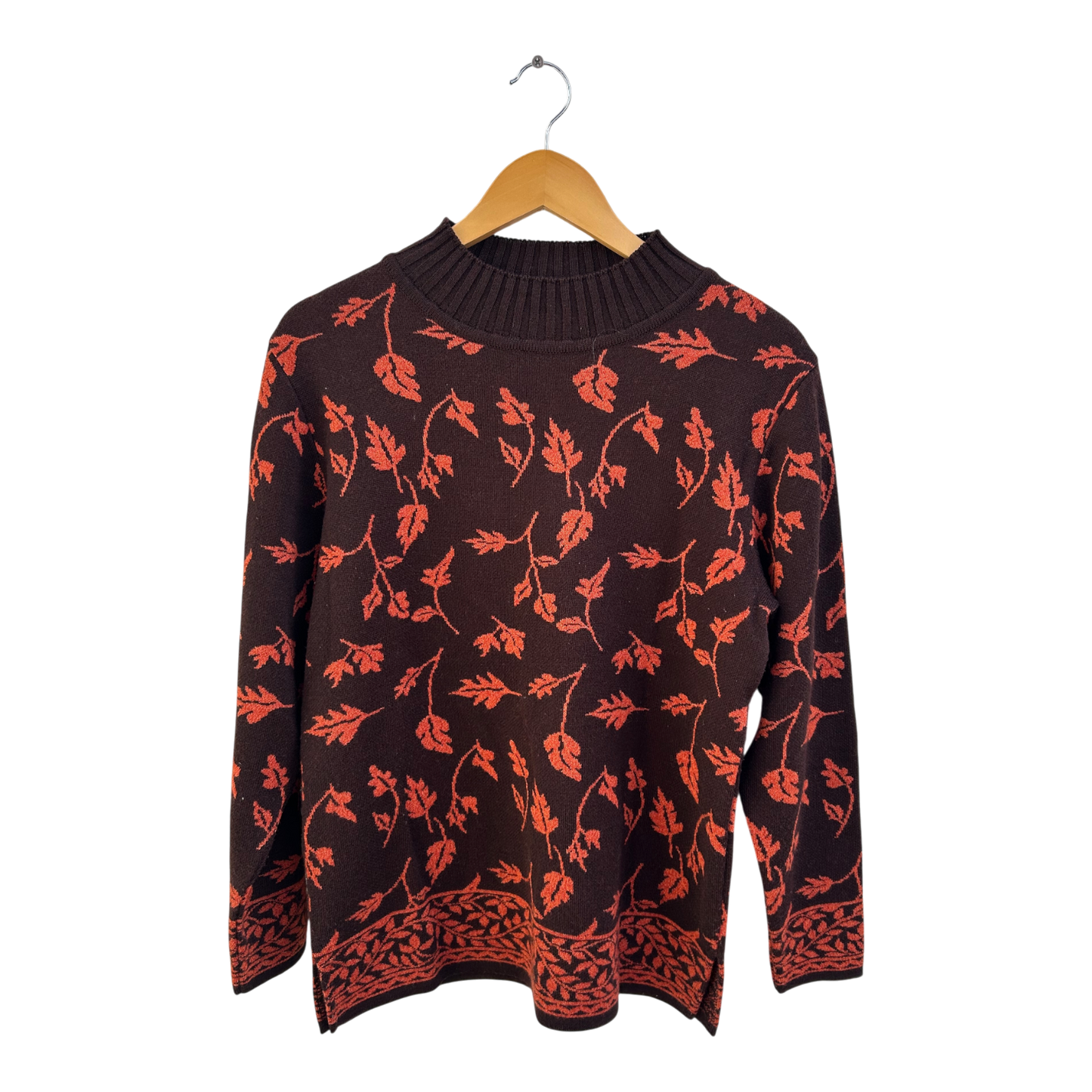 Margarethe Classics Pullover Damen Gr 38 Braun Orange Wollmix Blättermuster Elegant