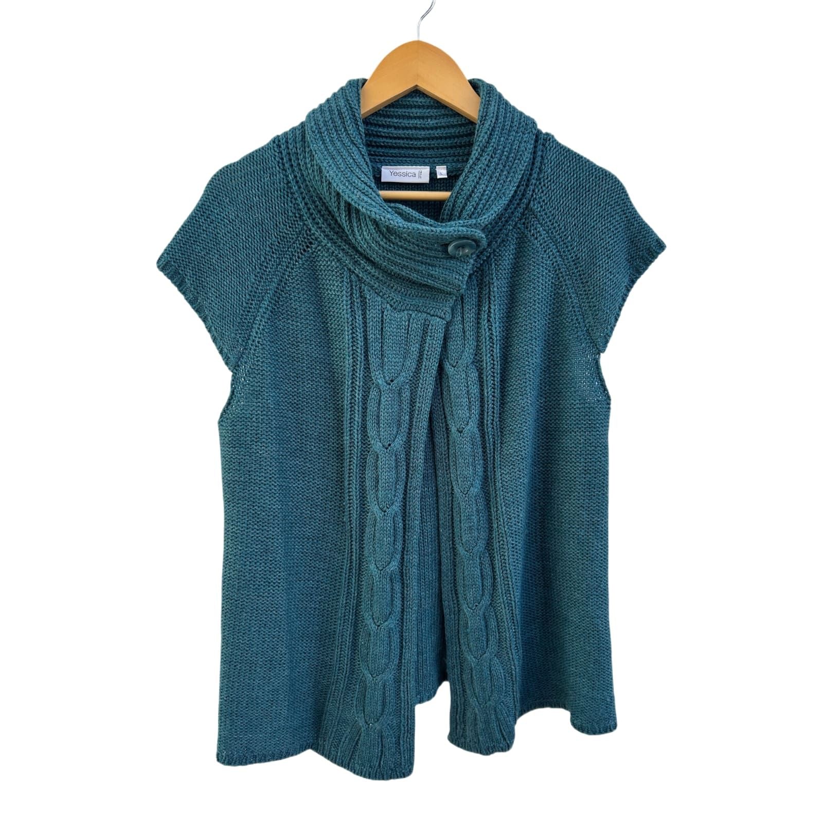 Yessica Strickweste Damen Gr L Petrol Zopfmuster Kragen Knopf Elegant Acryl