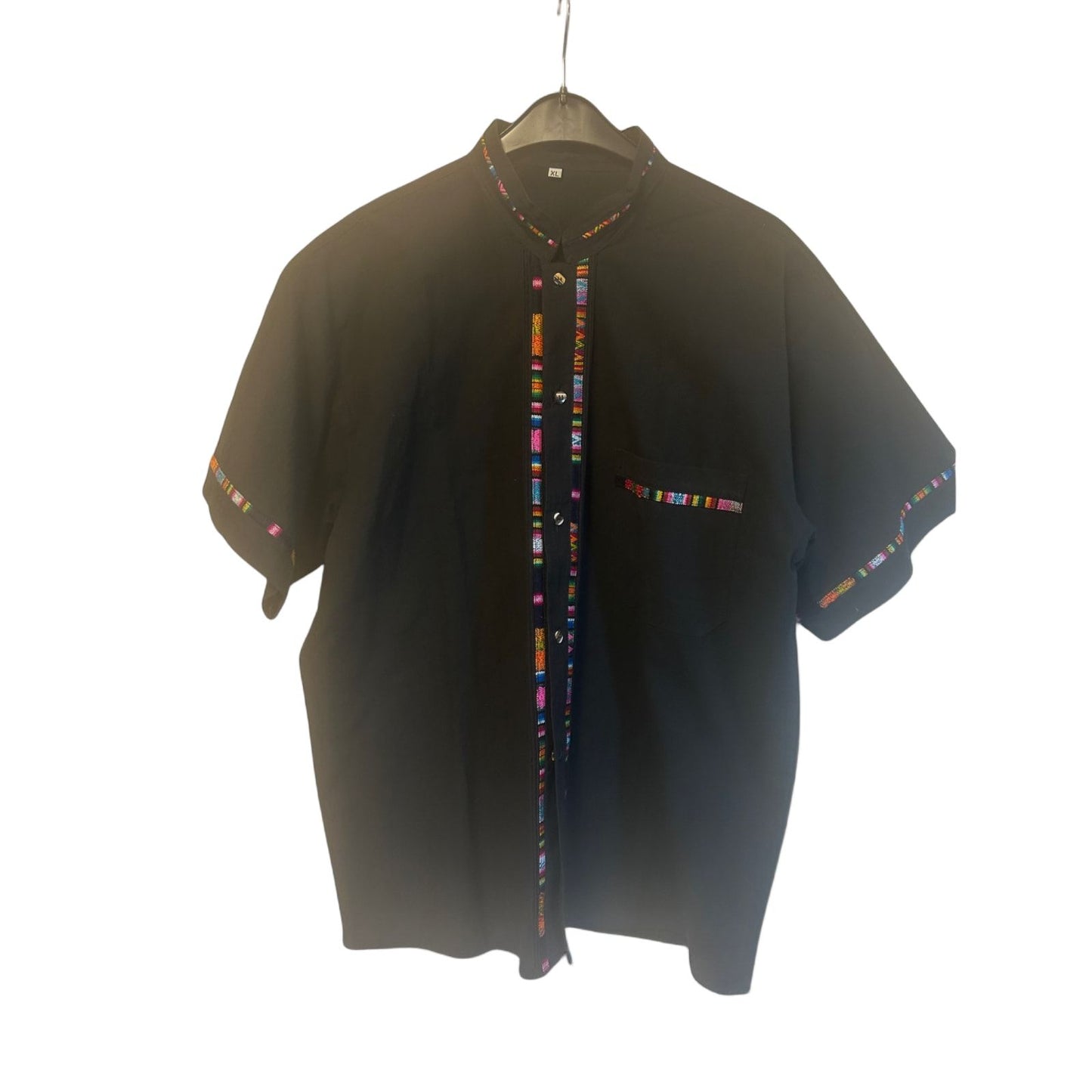 Herrenhemd Schwarz Gr XL Stickerei Leinenmix Boho Ethno Festival Sommer Stil