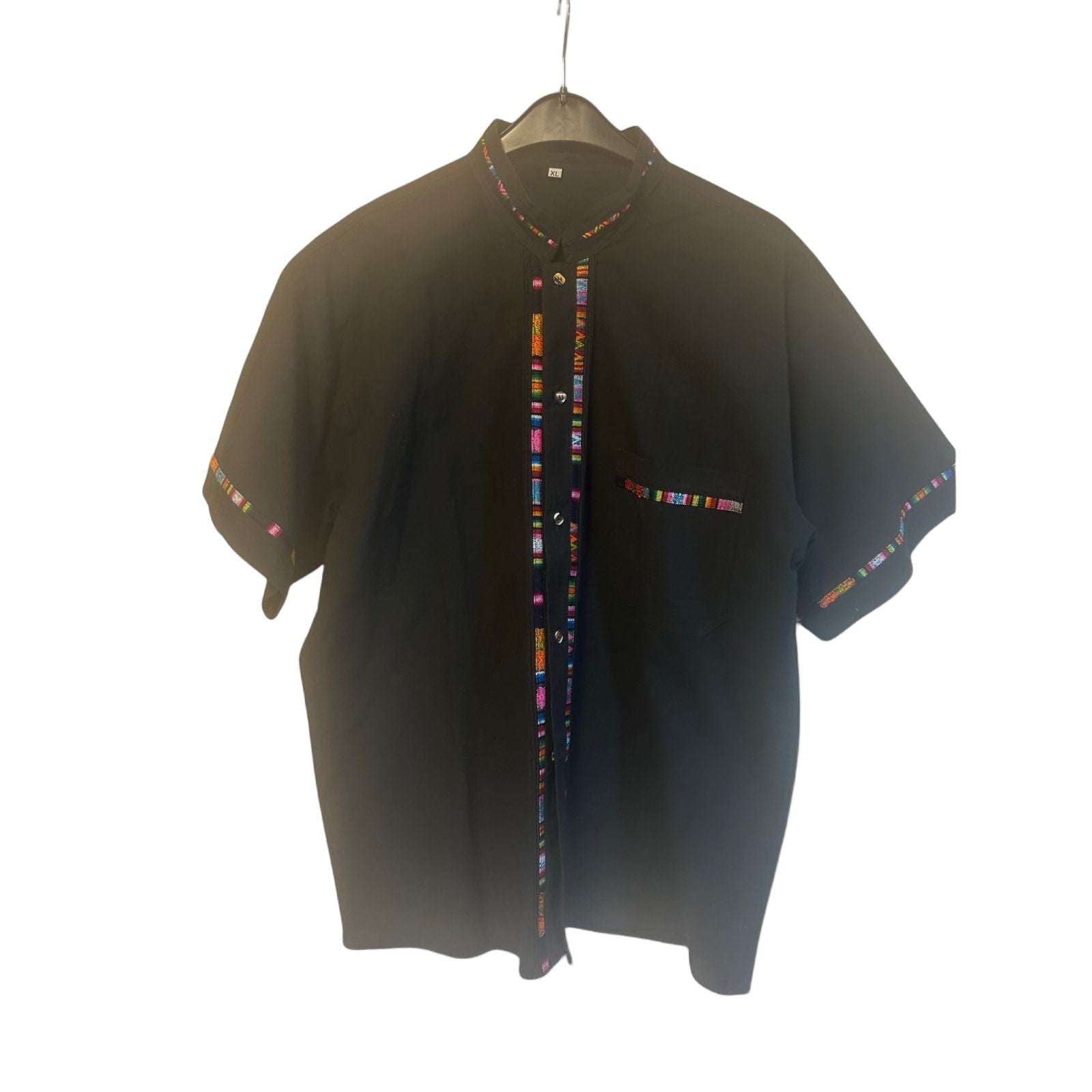 Herrenhemd Schwarz Gr XL Stickerei Leinenmix Boho Ethno Festival Sommer Stil