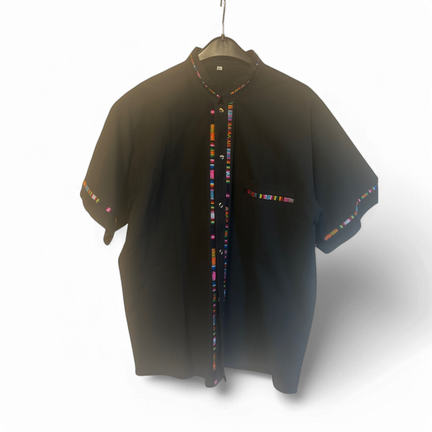 Herrenhemd Schwarz Gr XL Stickerei Leinenmix Boho Ethno Festival Sommer Stil