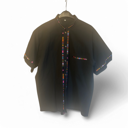 Herrenhemd Schwarz Gr XL Stickerei Leinenmix Boho Ethno Festival Sommer Stil