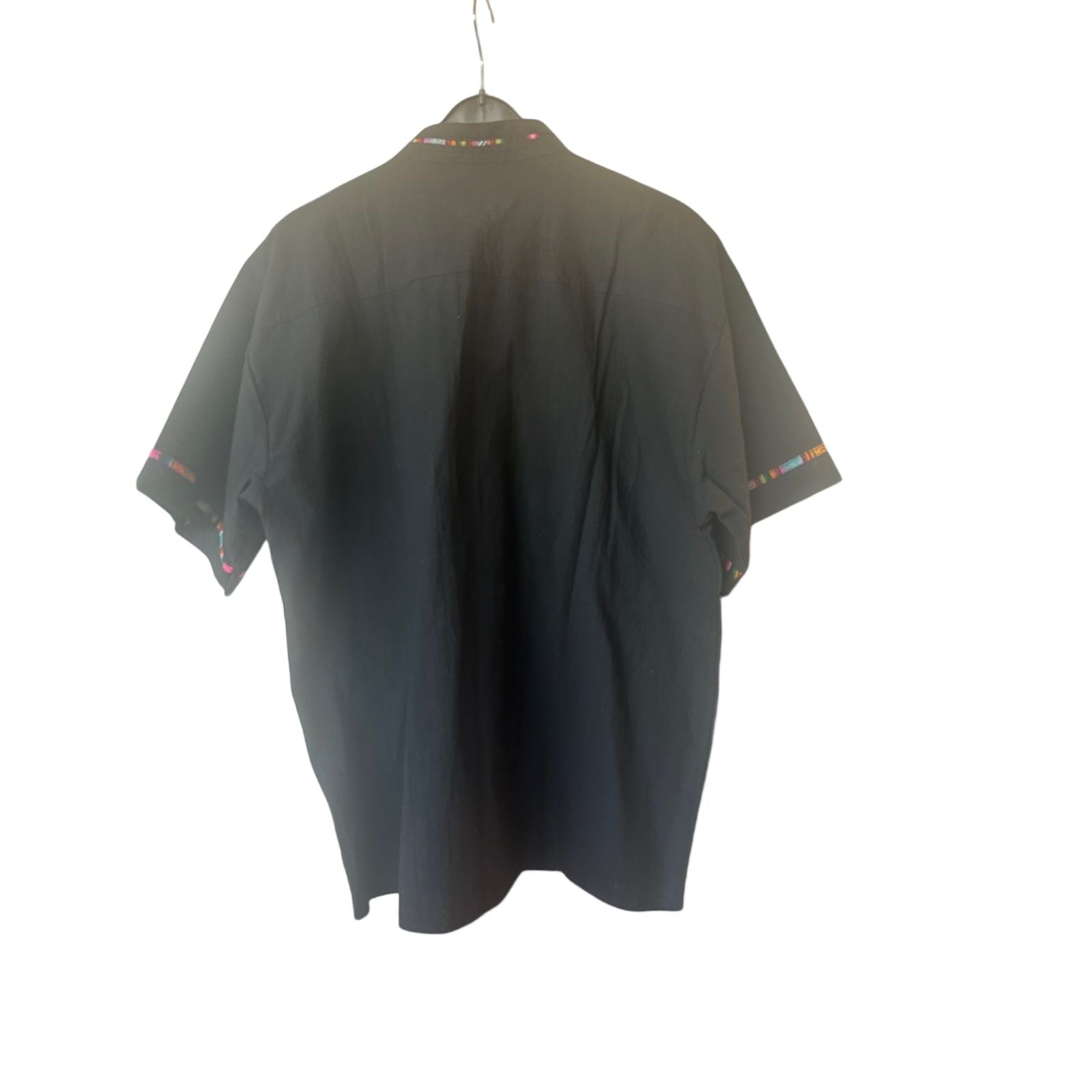 Herrenhemd Schwarz Gr XL Stickerei Leinenmix Boho Ethno Festival Sommer Stil