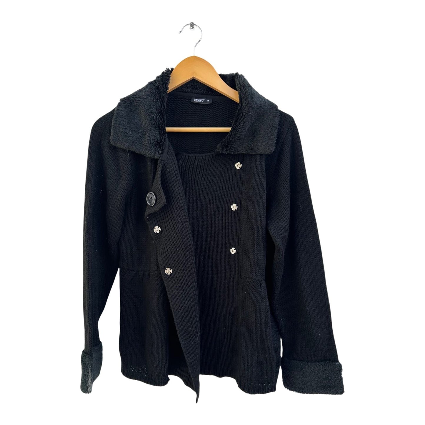 Okay Strickjacke Damen Gr 38 Schwarz Kunstfellkragen Elegant Doppelreiher Warm