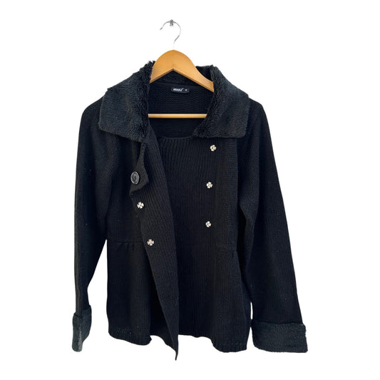 Okay Strickjacke Damen Gr 38 Schwarz Kunstfellkragen Elegant Doppelreiher Warm