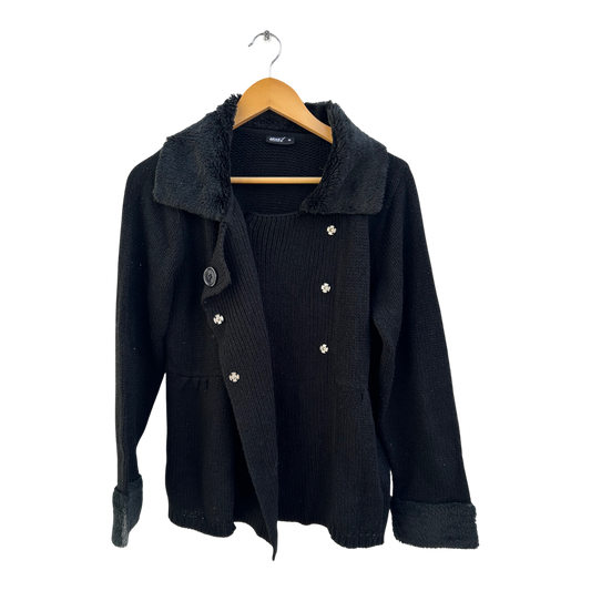 Okay Strickjacke Damen Gr 38 Schwarz Kunstfellkragen Elegant Doppelreiher Warm