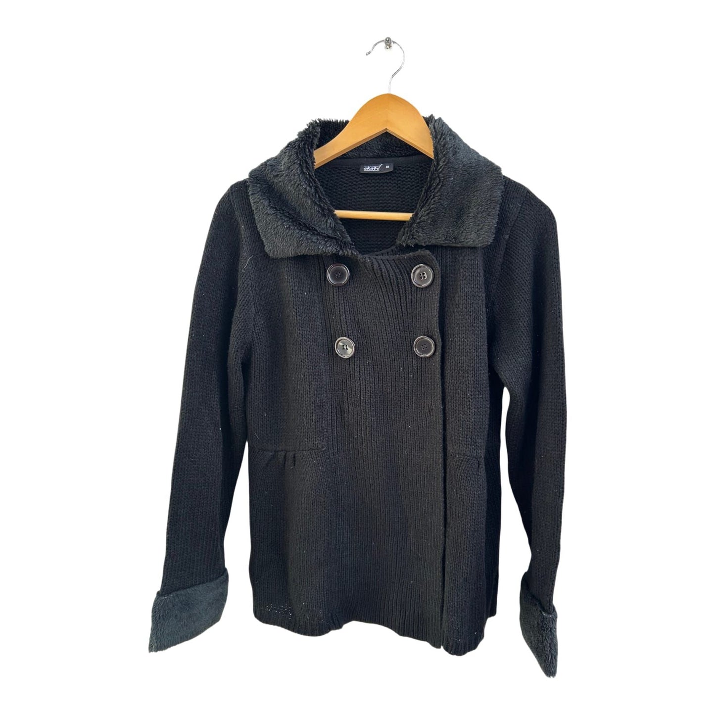 Okay Strickjacke Damen Gr 38 Schwarz Kunstfellkragen Elegant Doppelreiher Warm