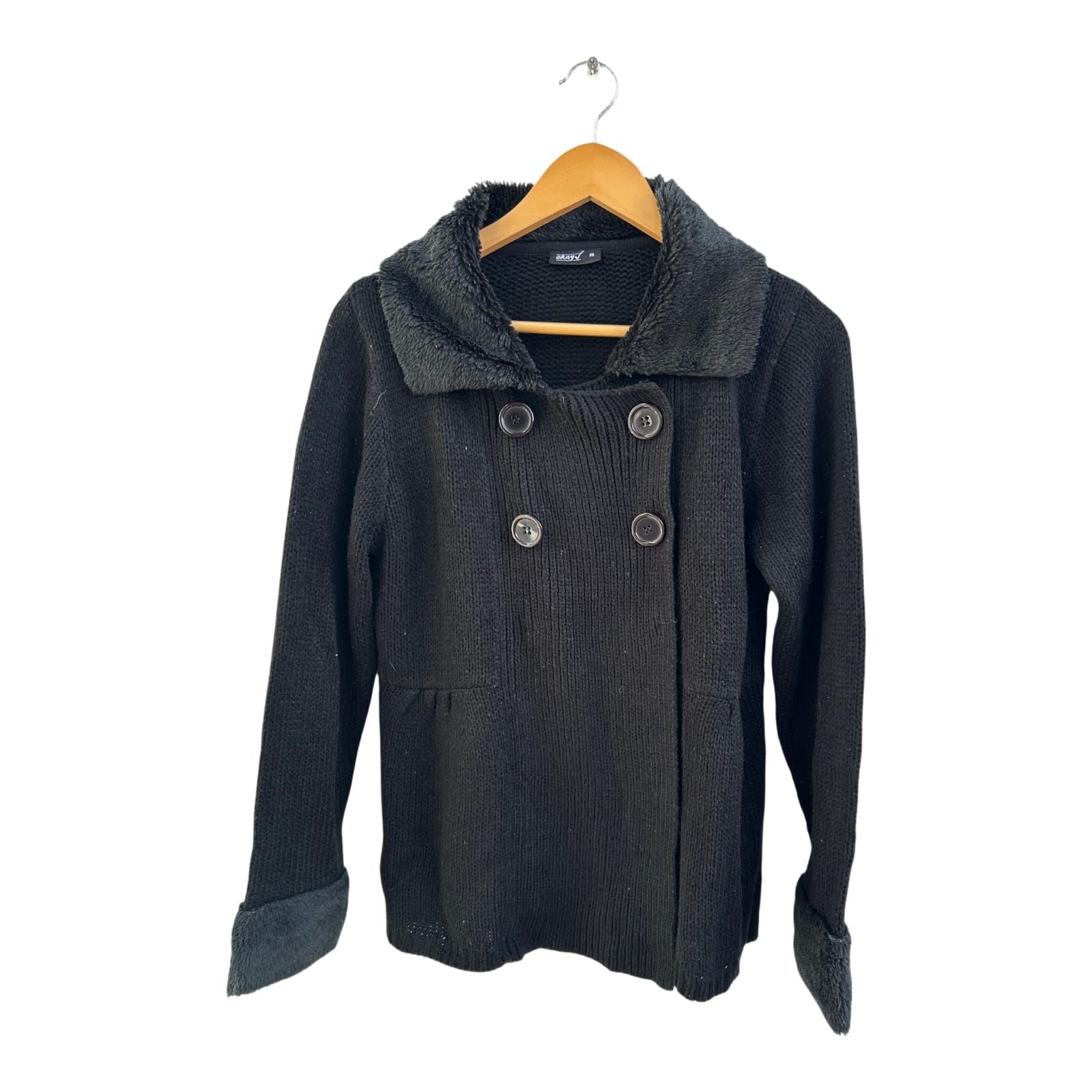 Okay Strickjacke Damen Gr 38 Schwarz Kunstfellkragen Elegant Doppelreiher Warm