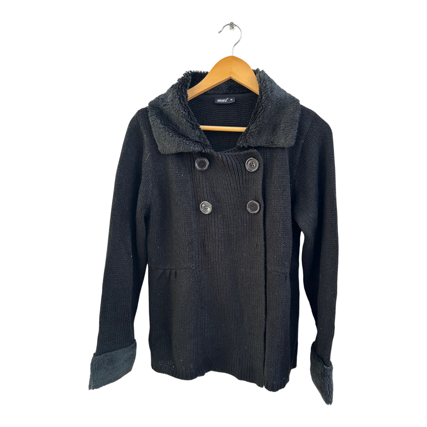 Okay Strickjacke Damen Gr 38 Schwarz Kunstfellkragen Elegant Doppelreiher Warm