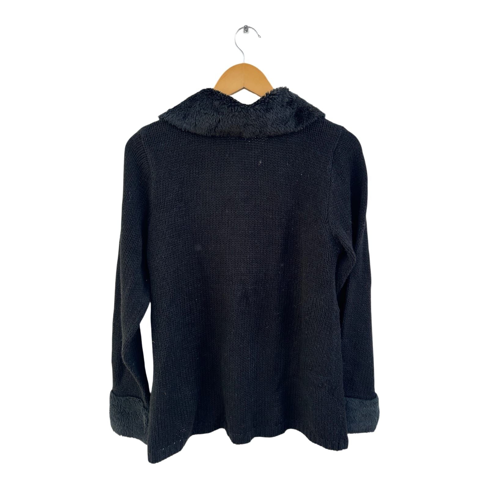 Okay Strickjacke Damen Gr 38 Schwarz Kunstfellkragen Elegant Doppelreiher Warm