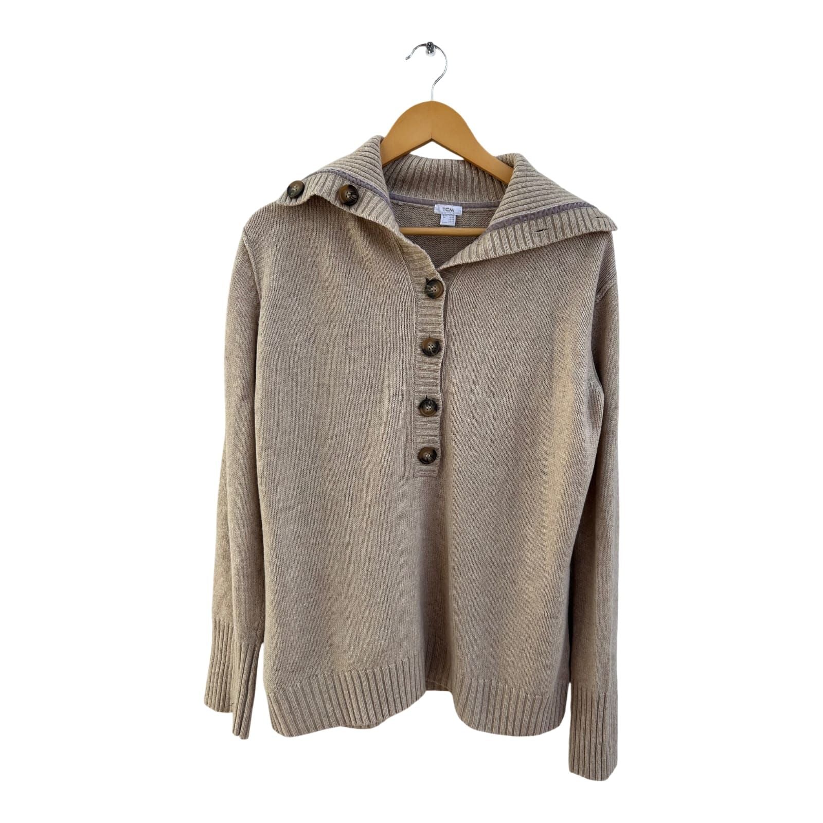 TCM Pullover Damen Gr 44 Beige Schurwolle Polyacryl Kragen Knöpfe Klassisch Warm