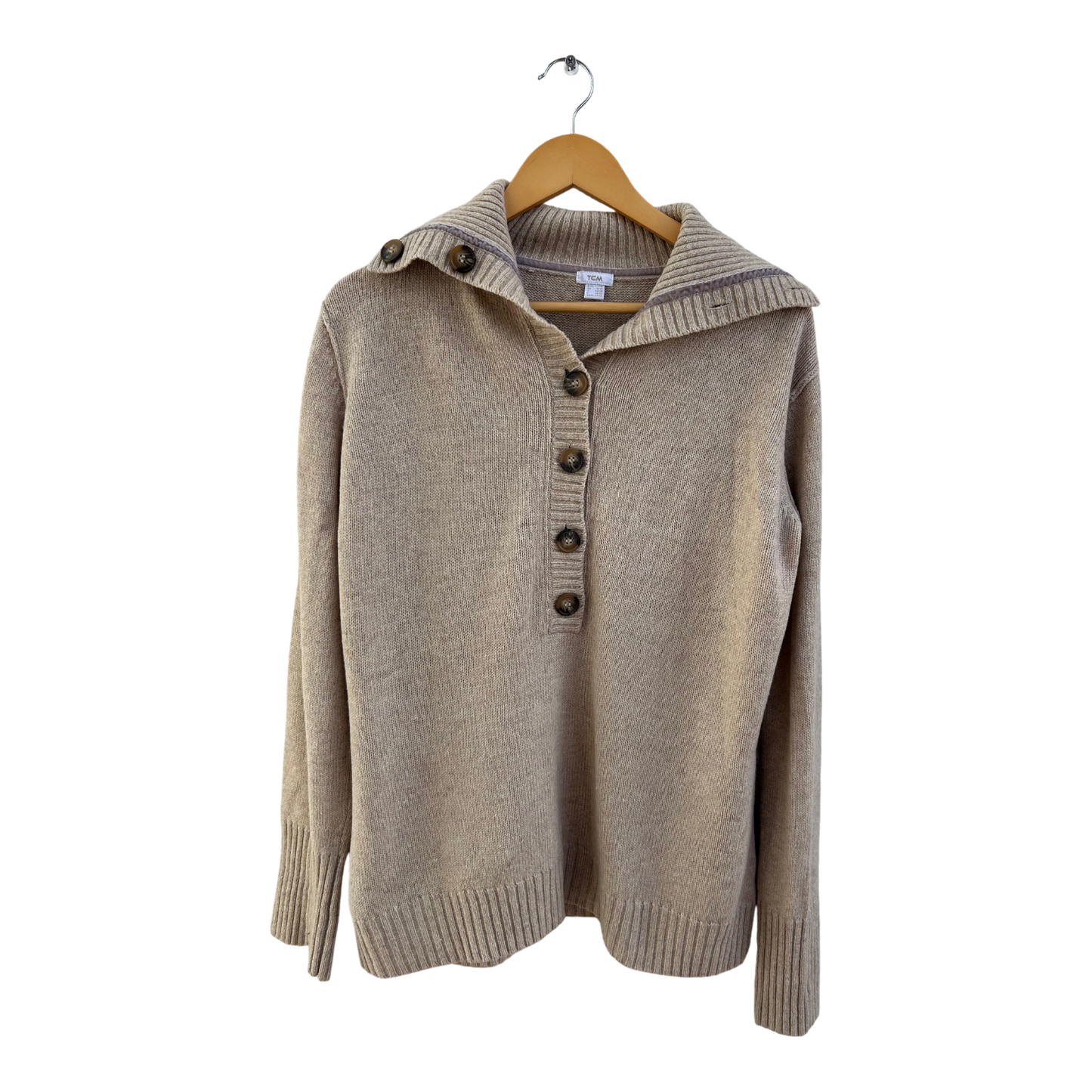 TCM Pullover Damen Gr 44 Beige Schurwolle Polyacryl Kragen Knöpfe Klassisch Warm