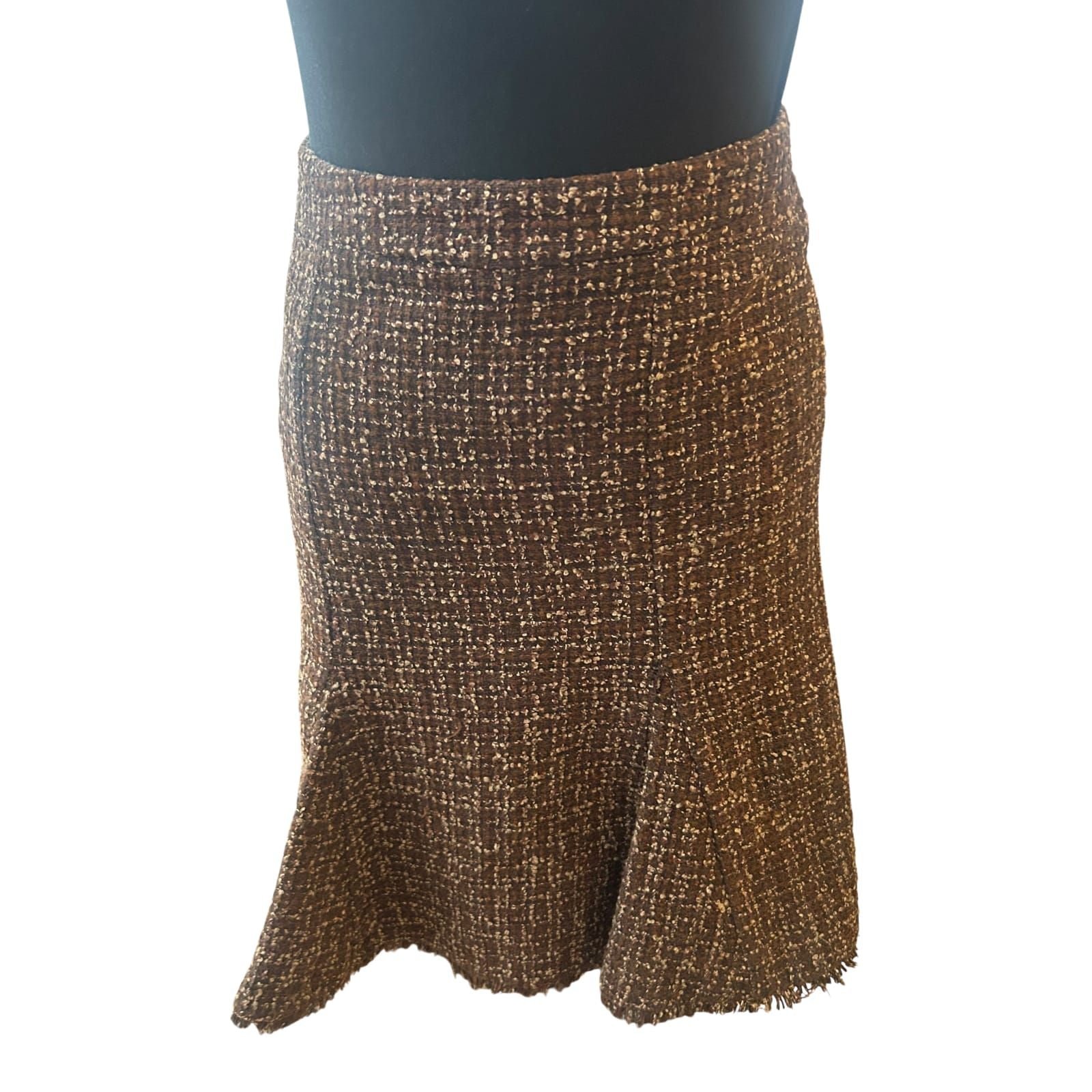 H&M Rock Damen Gr 34 Braun Tweed Winter Midirock Elegant Fransen