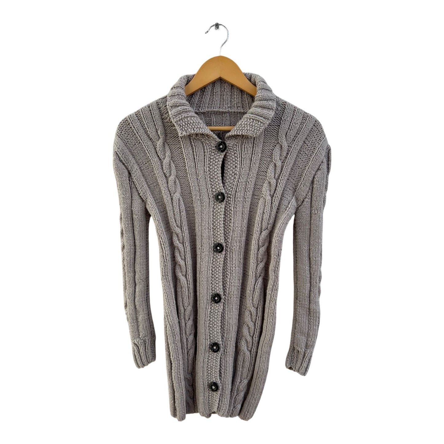 Strickjacke Damen Gr 34 Beige Lang Zopfmuster Grobstrick Knöpfe Elegant Winter