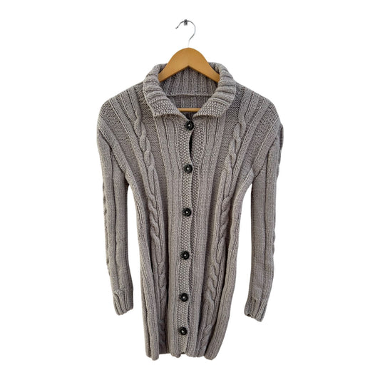 Strickjacke Damen Gr 34 Beige Lang Zopfmuster Grobstrick Knöpfe Elegant Winter