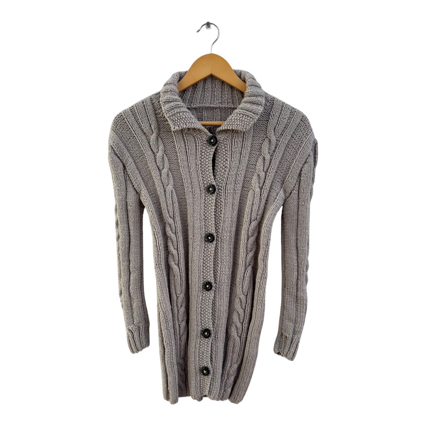 Strickjacke Damen Gr 34 Beige Lang Zopfmuster Grobstrick Knöpfe Elegant Winter