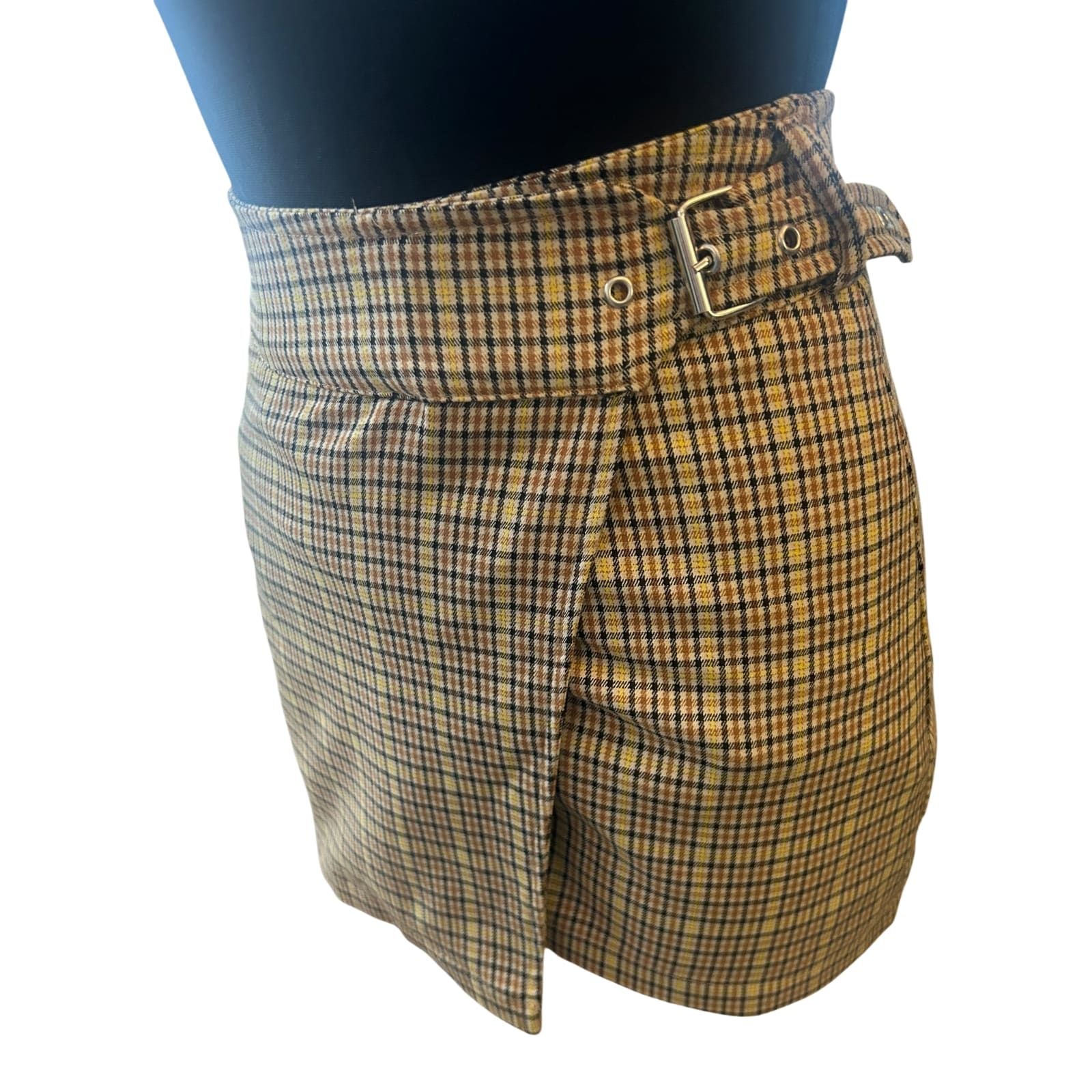 Bershka Rock Damen Gr XS Kariert Braun Minirock mit Gürtel Trend Chic