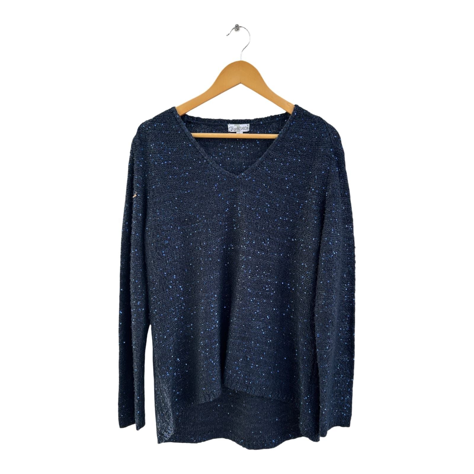 Up Fashion Pullover Damen Gr L Dunkelblau Glitzer Pailletten Elegant Langarm