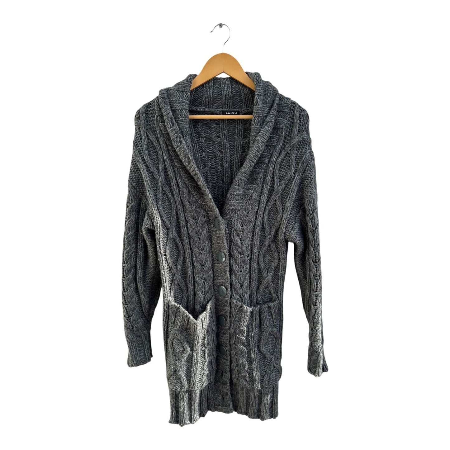 Amisu Strickmantel Damen Gr S Grau Grobstrick Zopfmuster Langarm Taschen Elegant