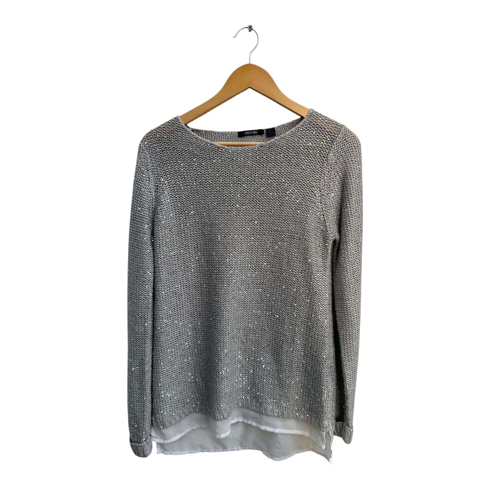 Esmara Pullover Damen Gr 38 Grau Glitzer Lagenlook Chiffon Elegant Langarm