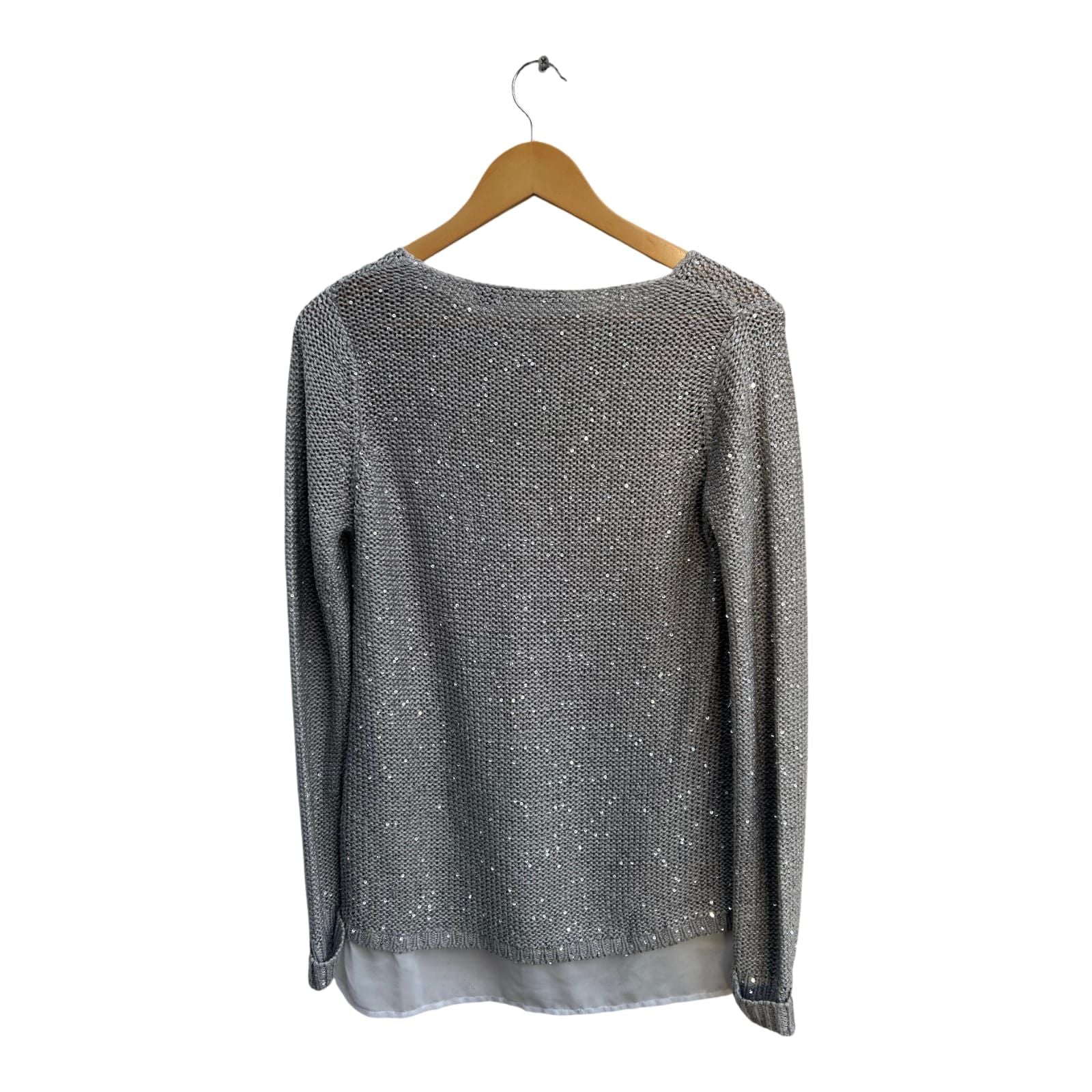 Esmara Pullover Damen Gr 38 Grau Glitzer Lagenlook Chiffon Elegant Langarm