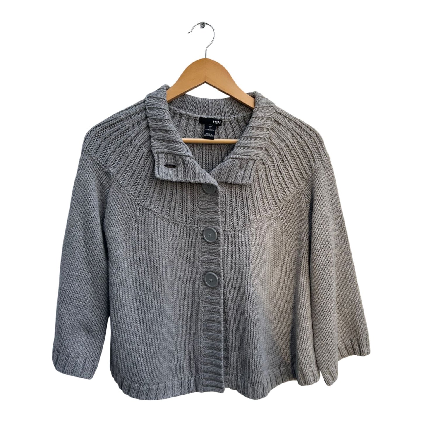 H&M Strickjacke Damen Gr S Grau 3/4 Ärmel Ausgestellt Grobstrick Elegant