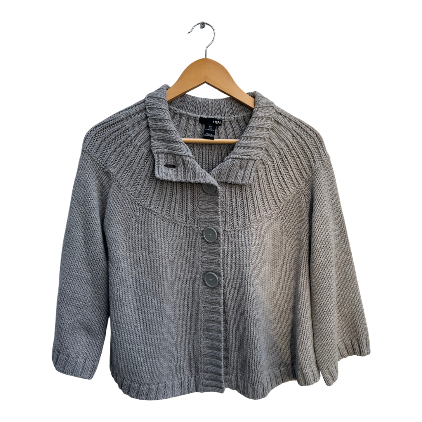 H&M Strickjacke Damen Gr S Grau 3/4 Ärmel Ausgestellt Grobstrick Elegant