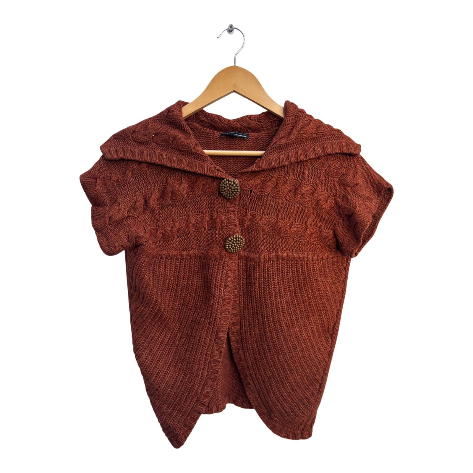 CPM Strickweste Damen Gr L Rostbraun Kurzarm Grobstrick Mit Kapuze Knöpfe