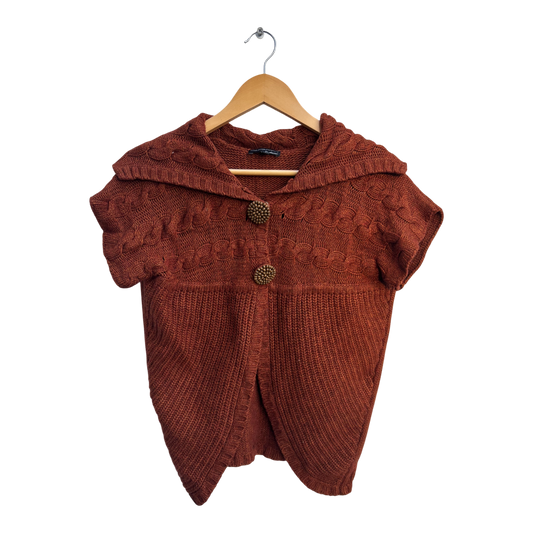 CPM Strickweste Damen Gr L Rostbraun Kurzarm Grobstrick Mit Kapuze Knöpfe