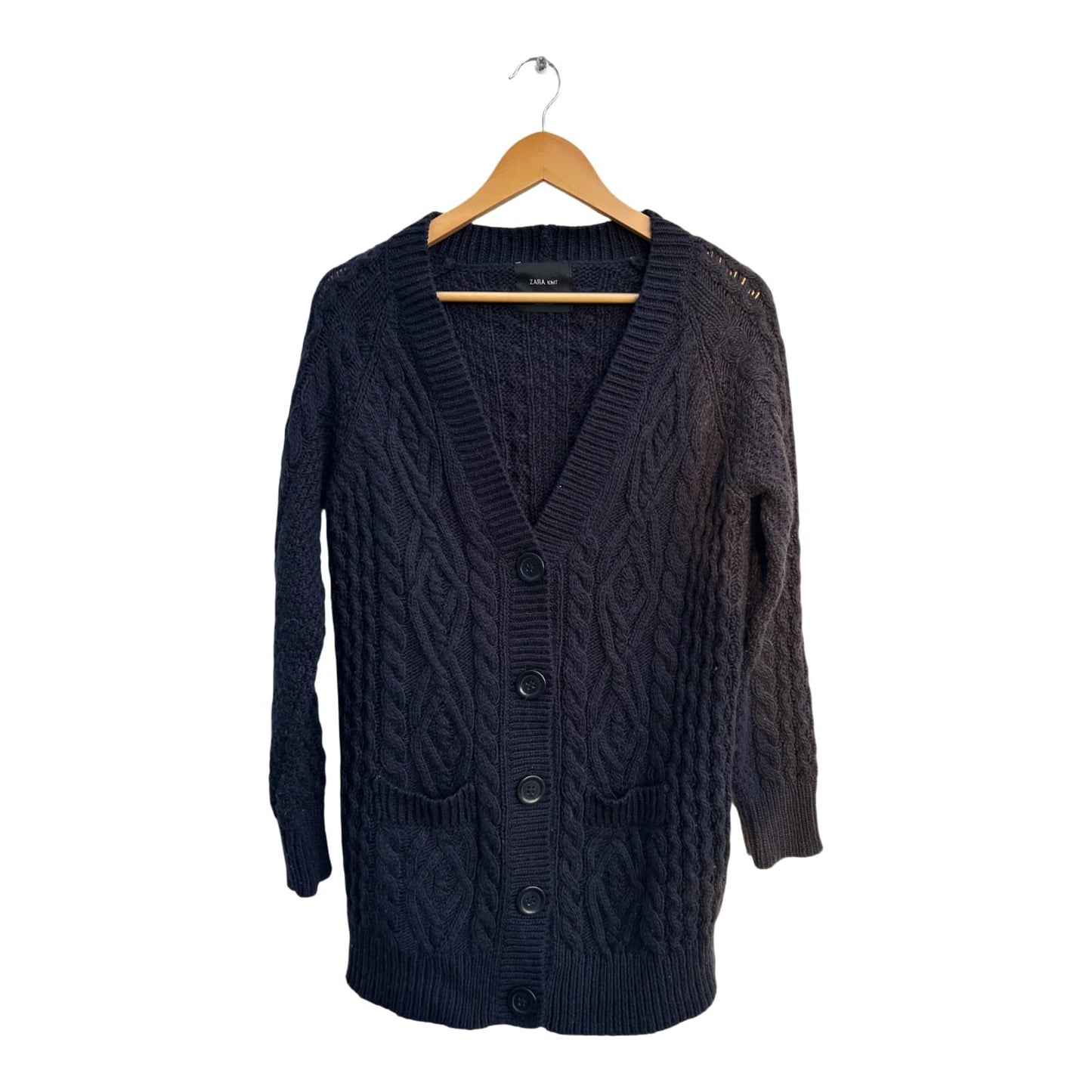 Zara Knit Strickjacke Damen Gr L Dunkelblau Wollmix Grobstrick Mit Taschen
