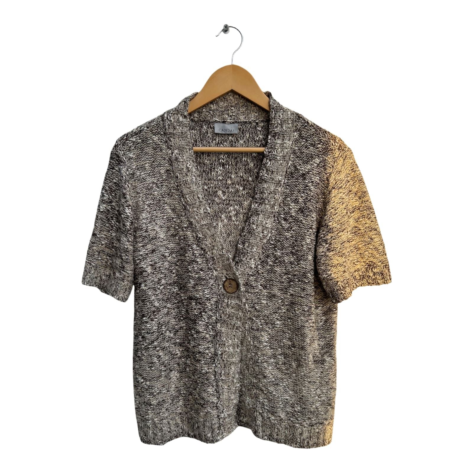 C&A Strickjacke Damen Gr L Beige Grau Baumwollmix Kurzarm Knopf Meliert