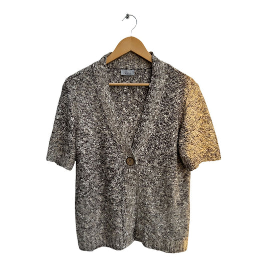 C&A Strickjacke Damen Gr L Beige Grau Baumwollmix Kurzarm Knopf Meliert