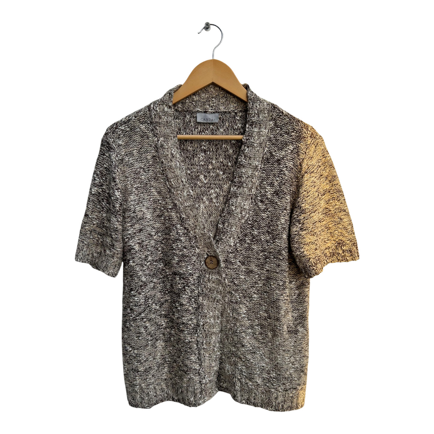 C&A Strickjacke Damen Gr L Beige Grau Baumwollmix Kurzarm Knopf Meliert