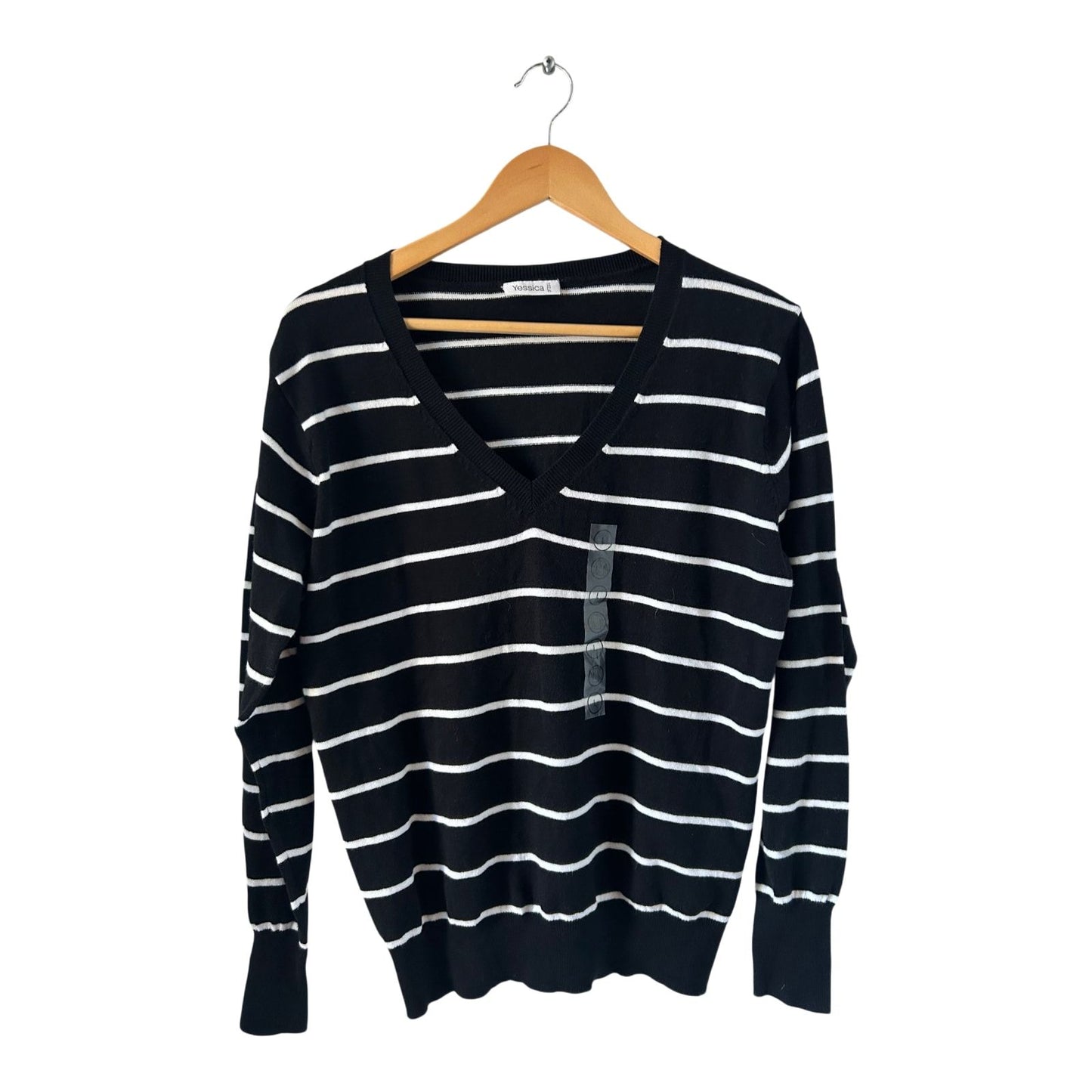 Yessica Pullover Damen L Schwarz Weiß Streifen Baumwolle V-Ausschnitt Neuware
