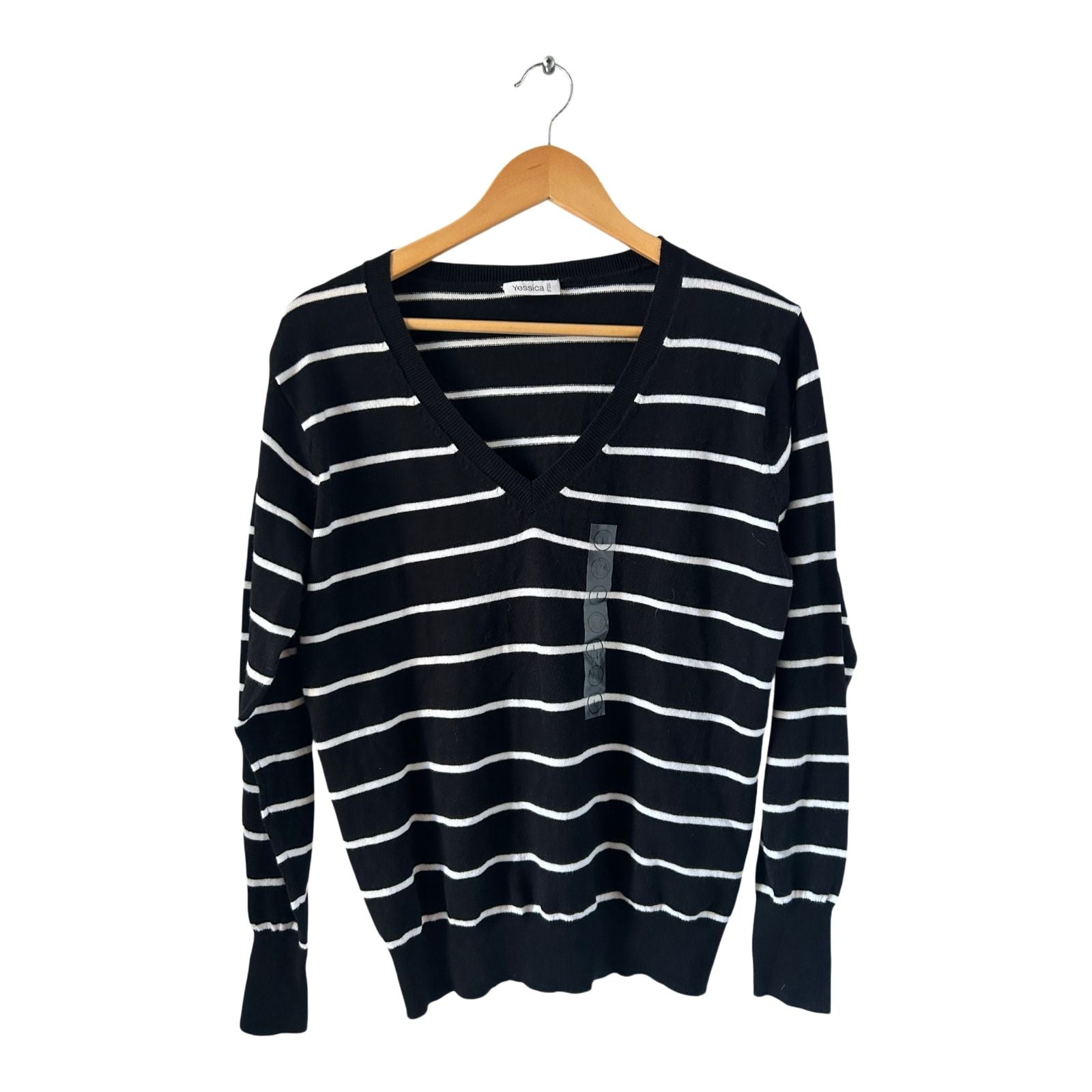 Yessica Pullover Damen L Schwarz Weiß Streifen Baumwolle V-Ausschnitt Neuware