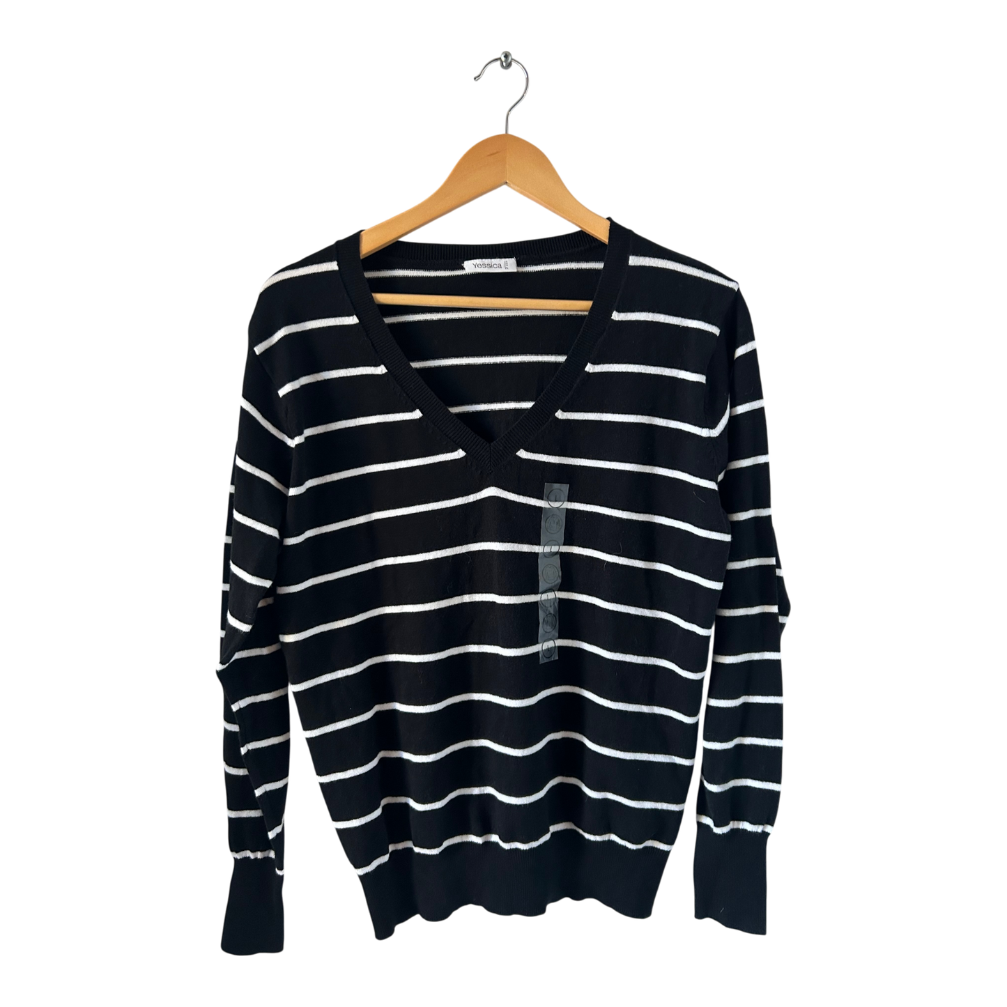 Yessica Pullover Damen L Schwarz Weiß Streifen Baumwolle V-Ausschnitt Neuware