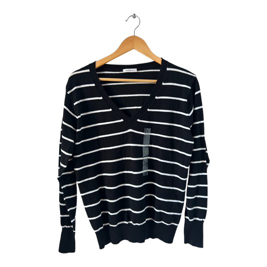 Yessica Pullover Damen L Schwarz Weiß Streifen Baumwolle V-Ausschnitt Neuware
