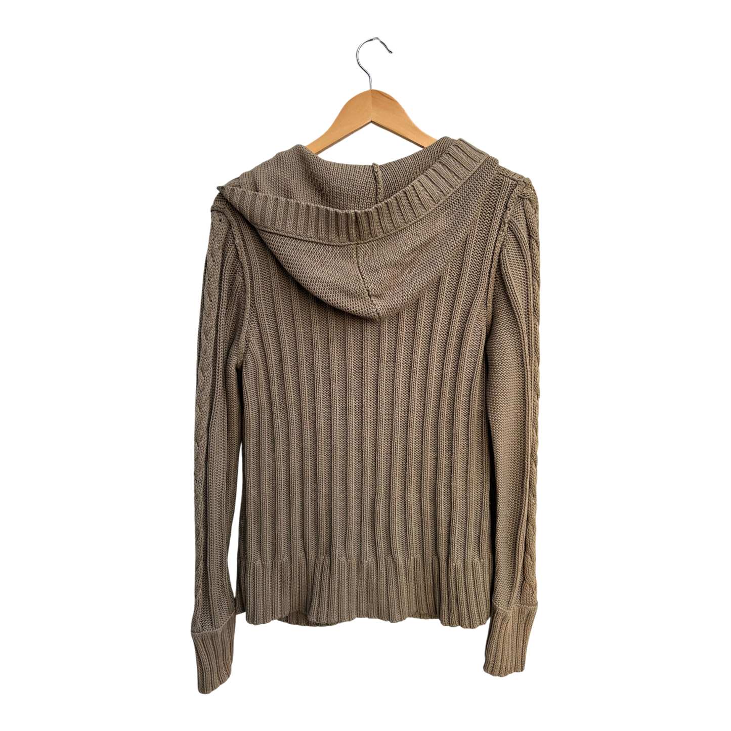 Manguun Strickjacke Damen Gr L Hellbraun Baumwolle Kapuze Zopfmuster Casual