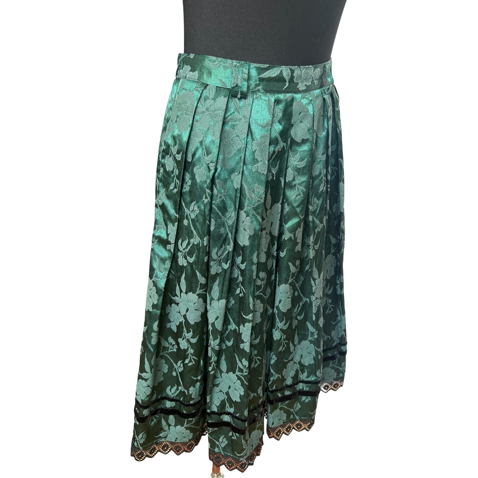 Trachten Rock Damen Gr 38 Dunkelgrün Blumen Midi Satin Spitze Elegant