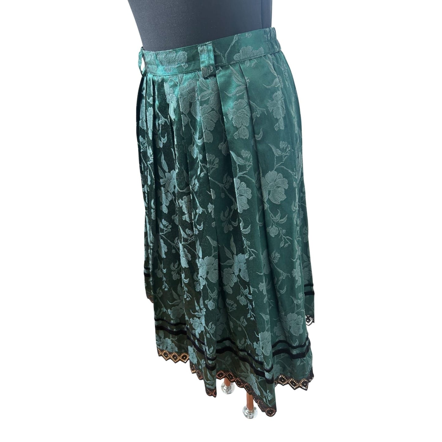 Trachten Rock Damen Gr 38 Dunkelgrün Blumen Midi Satin Spitze Elegant
